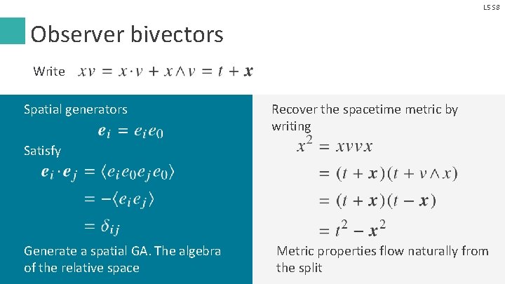 L 5 S 8 Observer bivectors Write Spatial generators Recover the spacetime metric by