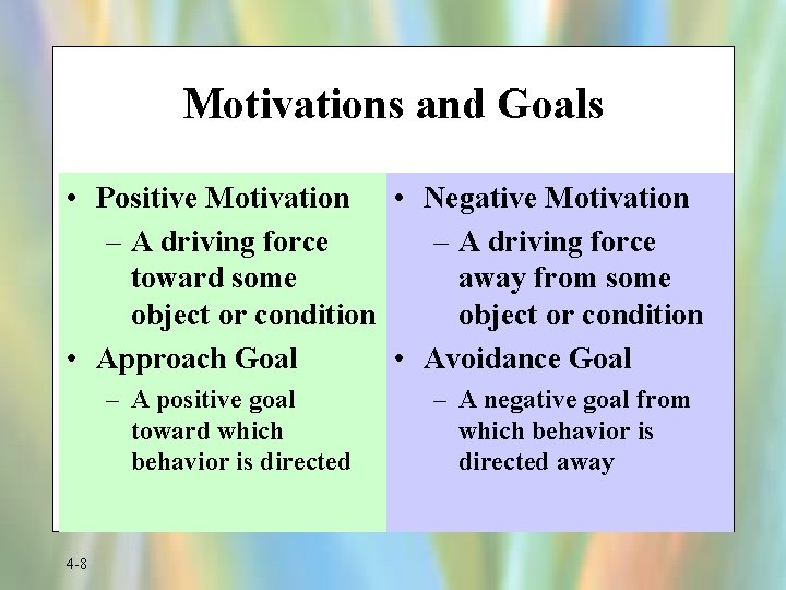 Motivations and Goals • Positive Motivation • Negative Motivation – A driving force toward