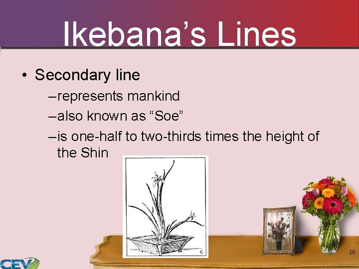 Ikebana’s Lines • Secondary line – represents mankind – also known as “Soe” – Ikebana’s Lines • Secondary line – represents mankind – also known as “Soe” –