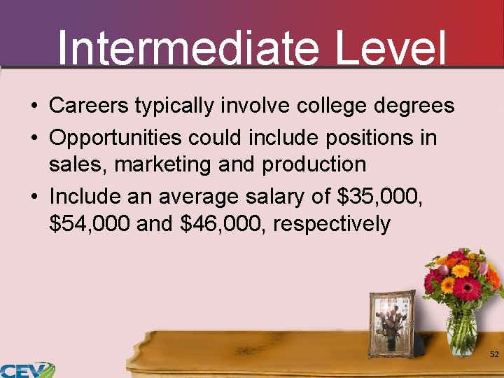 Intermediate Level • Careers typically involve college degrees • Opportunities could include positions in Intermediate Level • Careers typically involve college degrees • Opportunities could include positions in