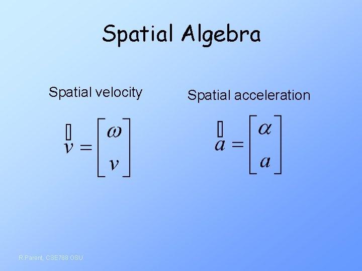 Spatial Algebra Spatial velocity R. Parent, CSE 788 OSU Spatial acceleration 