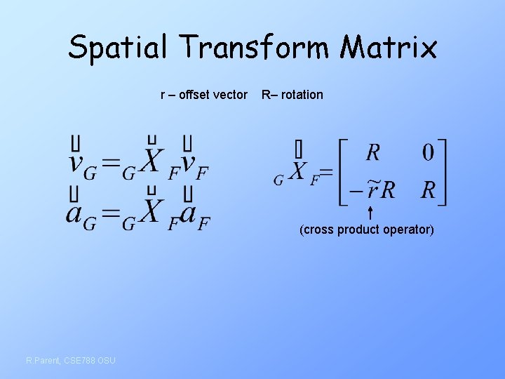 Spatial Transform Matrix r – offset vector R– rotation (cross product operator) R. Parent,