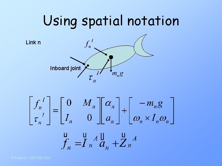 Using spatial notation Link n Inboard joint R. Parent, CSE 788 OSU 