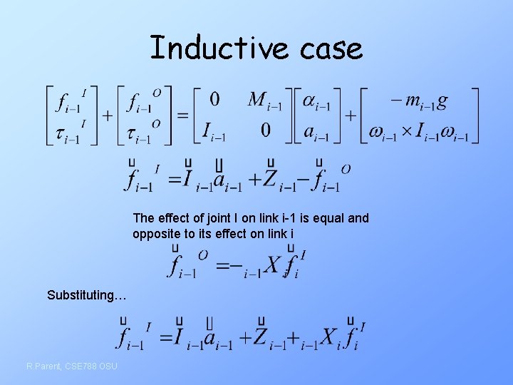 Inductive case The effect of joint I on link i-1 is equal and opposite