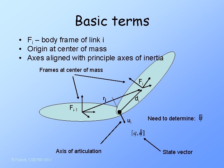 Basic terms • Fi – body frame of link i • Origin at center