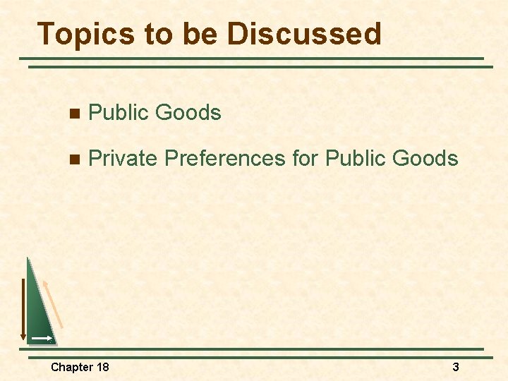 Topics to be Discussed n Public Goods n Private Preferences for Public Goods Chapter