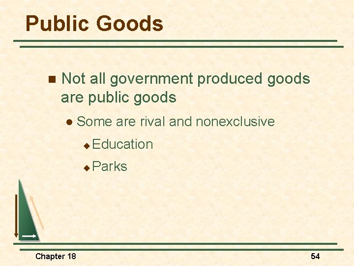 Public Goods n Not all government produced goods are public goods l Chapter 18