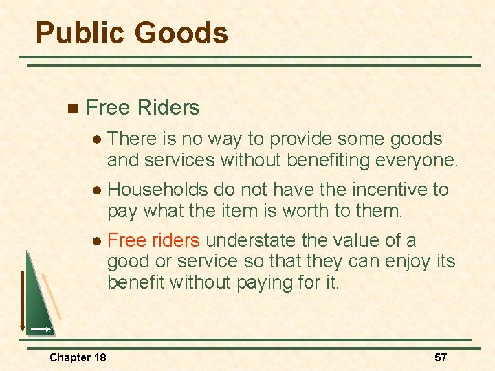 Public Goods n Free Riders l There is no way to provide some goods