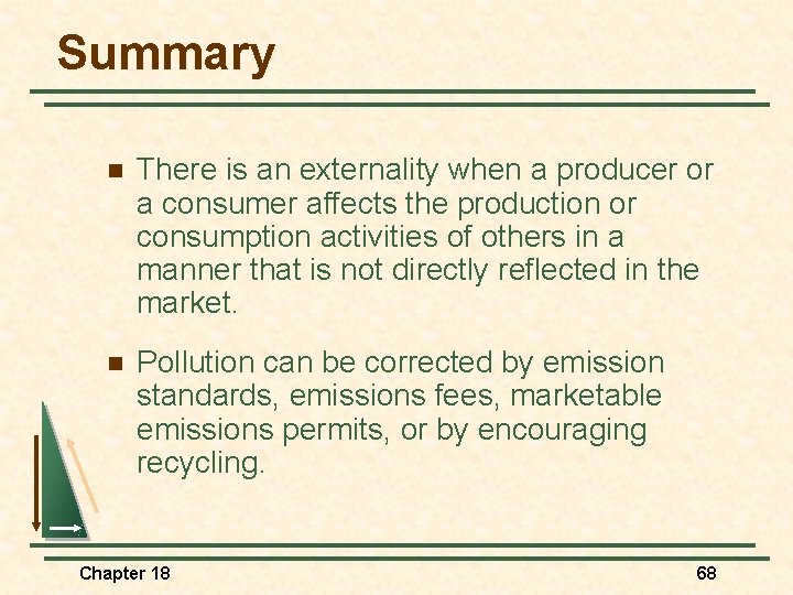 Summary n There is an externality when a producer or a consumer affects the