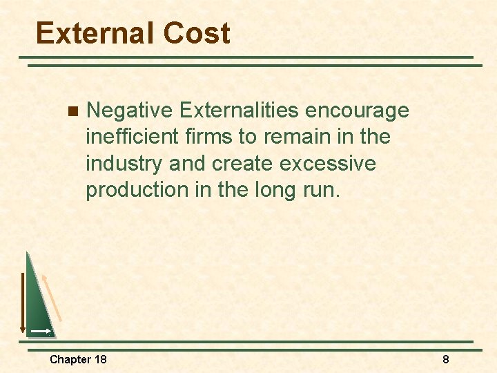 External Cost n Negative Externalities encourage inefficient firms to remain in the industry and