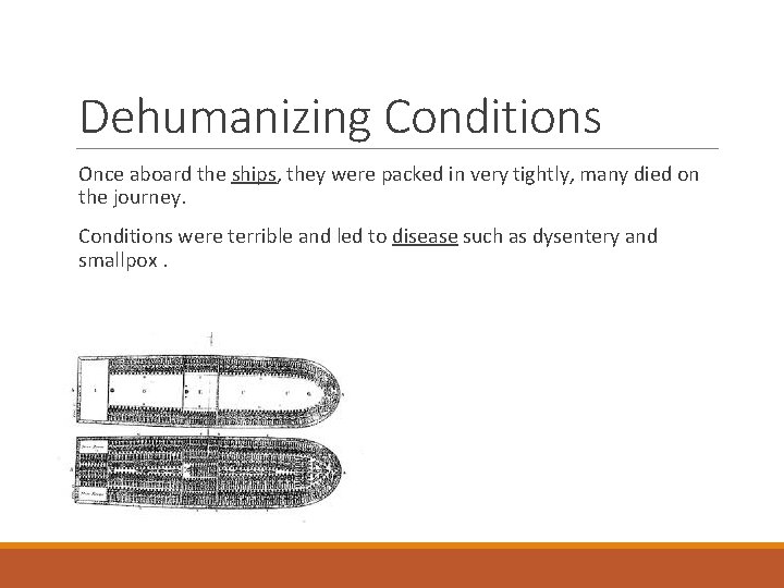 Dehumanizing Conditions Once aboard the ships, they were packed in very tightly, many died