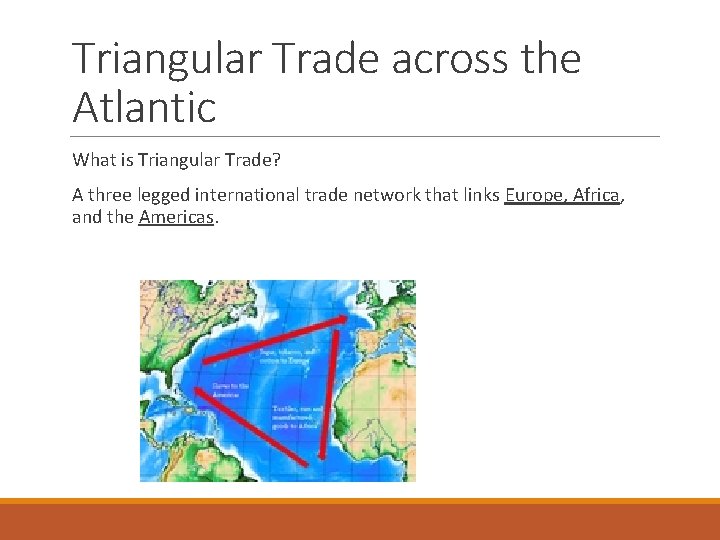 Triangular Trade across the Atlantic What is Triangular Trade? A three legged international trade