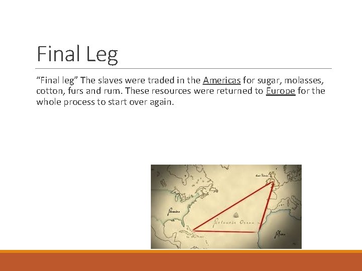 Final Leg “Final leg” The slaves were traded in the Americas for sugar, molasses,