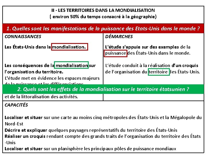 II - LES TERRITOIRES DANS LA MONDIALISATION ( environ 50% du temps consacré à