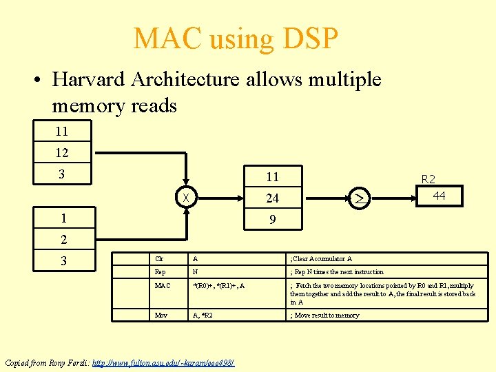 MAC using DSP • Harvard Architecture allows multiple memory reads 11 12 3 11