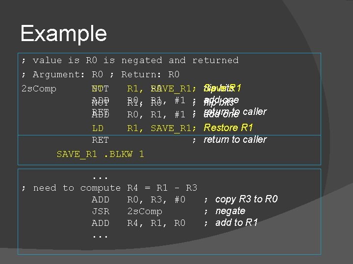 Example ; value is R 0 is negated and returned ; Argument: R 0 Example ; value is R 0 is negated and returned ; Argument: R 0