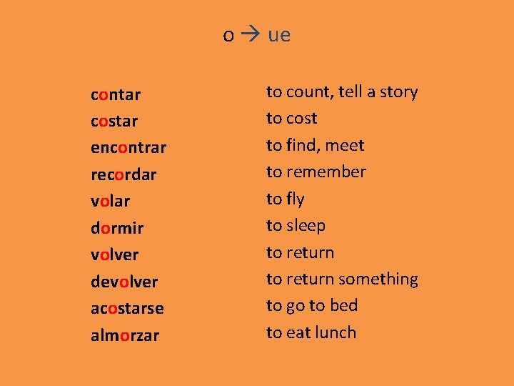 o ue contar costar encontrar recordar volar dormir volver devolver acostarse almorzar to count,