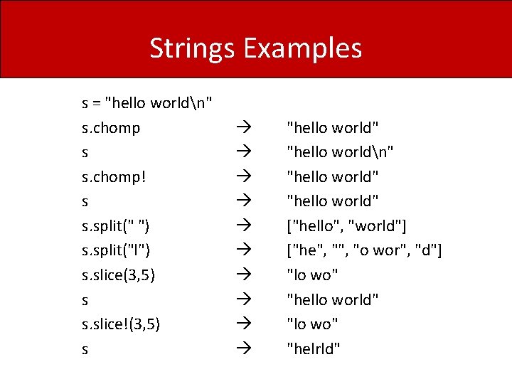 Strings Examples s = "hello worldn" s. chomp s s. chomp! s s. split("