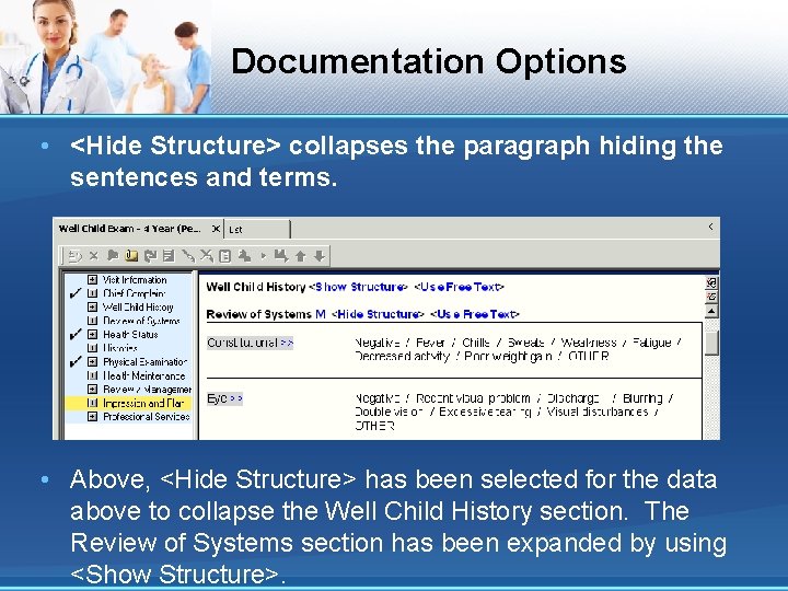 Documentation Options • <Hide Structure> collapses the paragraph hiding the sentences and terms. •