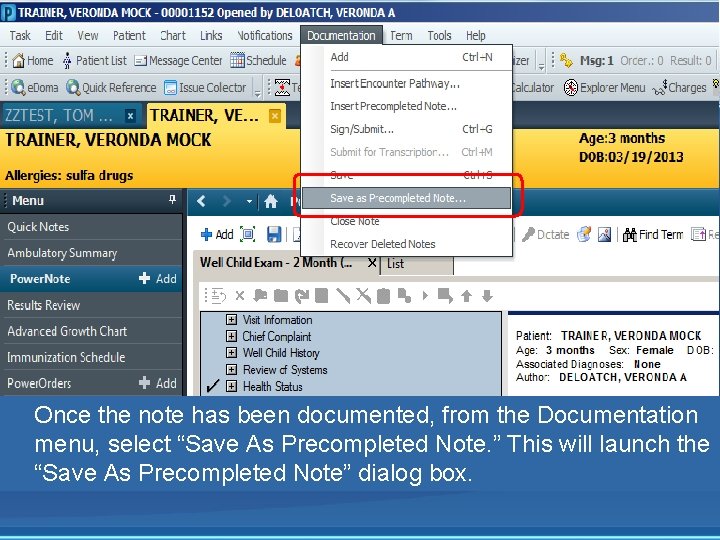 Once the note has been documented, from the Documentation menu, select “Save As Precompleted