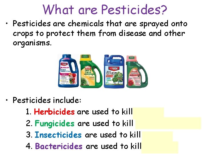 What are Pesticides? • Pesticides are chemicals that are sprayed onto crops to protect