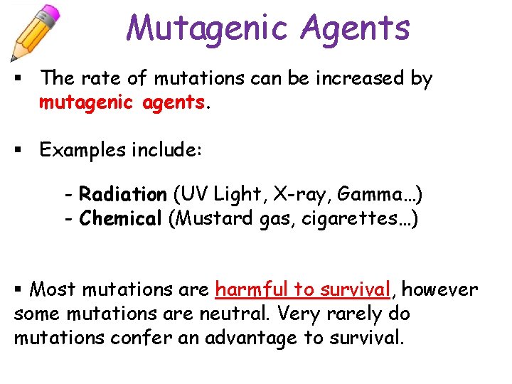 Mutagenic Agents § The rate of mutations can be increased by mutagenic agents. §