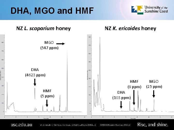 DHA, MGO and HMF NZ L. scoparium honey NZ K. ericoides honey MGO (547