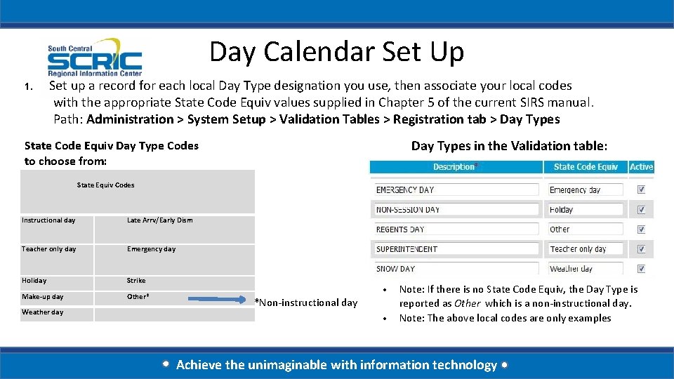 Day Calendar Set Up 1. Set up a record for each local Day Type