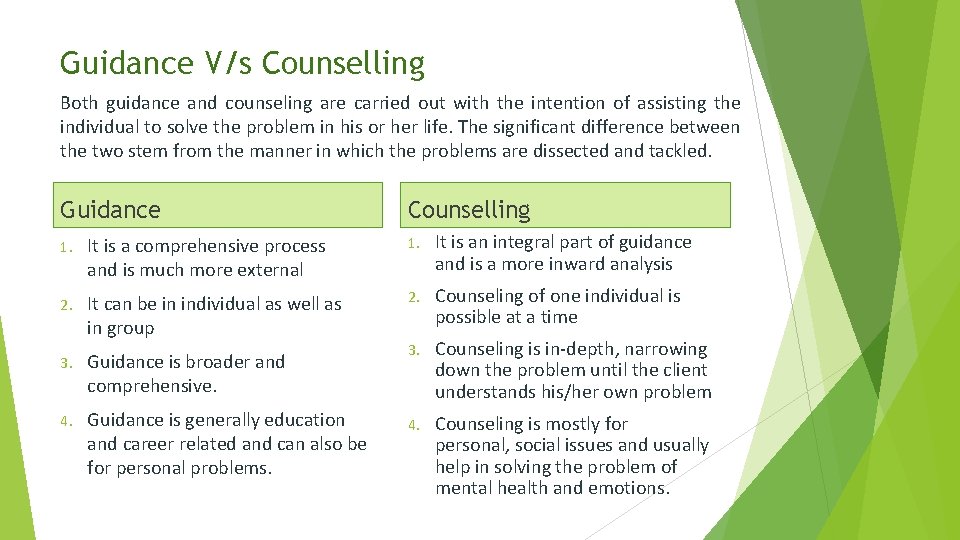 Guidance V/s Counselling Both guidance and counseling are carried out with the intention of