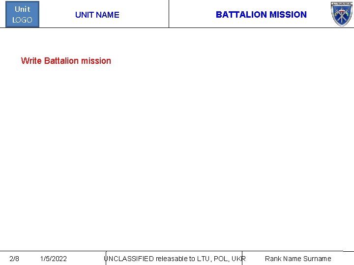 Unit LOGO UNIT NAME BATTALION MISSION Write Battalion mission 2/8 1/5/2022 UNCLASSIFIED releasable to