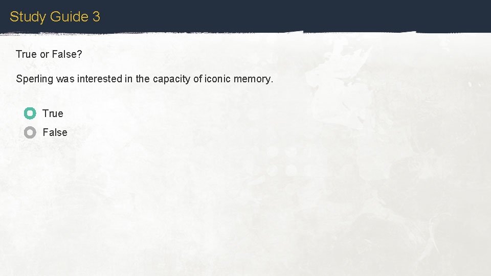 Study Guide 3 True or False? Sperling was interested in the capacity of iconic