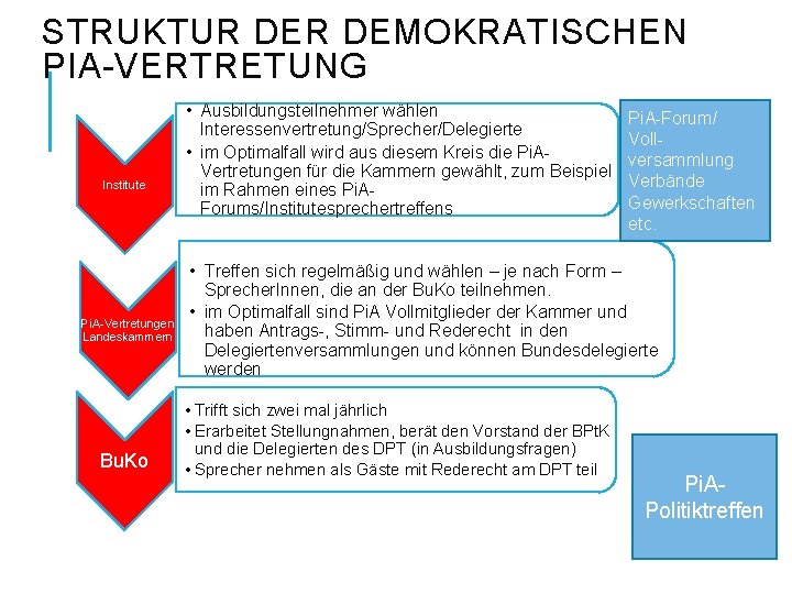 STRUKTUR DEMOKRATISCHEN PIA-VERTRETUNG Institute Pi. A-Vertretungen Landeskammern Bu. Ko • Ausbildungsteilnehmer wählen Interessenvertretung/Sprecher/Delegierte •