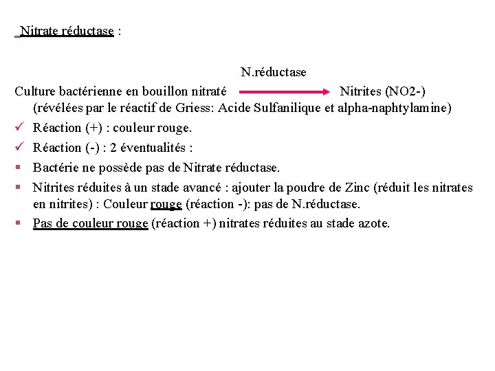 Nitrate réductase : N. réductase Culture bactérienne en bouillon nitraté Nitrites (NO 2 -)