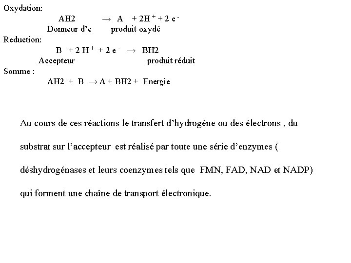 Oxydation: AH 2 Donneur d’e → A + 2 H + + 2 e