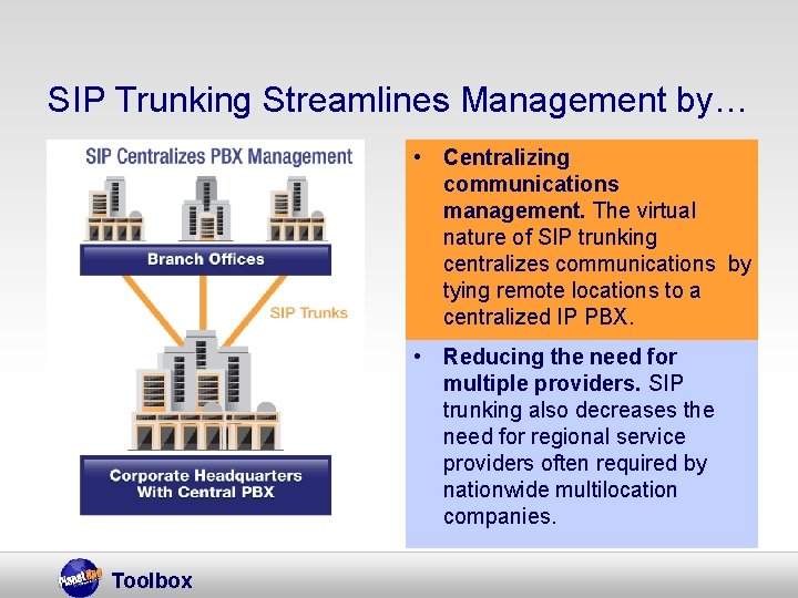 SIP Trunking Streamlines Management by… • Centralizing communications management. The virtual nature of SIP