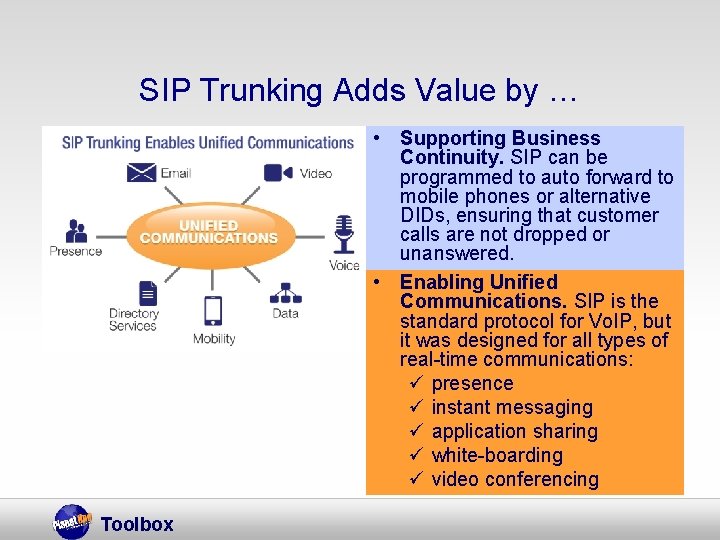 SIP Trunking Adds Value by … • Supporting Business Continuity. SIP can be programmed