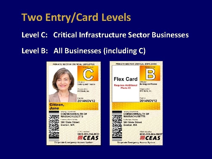 Two Entry/Card Levels Level C: Critical Infrastructure Sector Businesses Level B: All Businesses (including