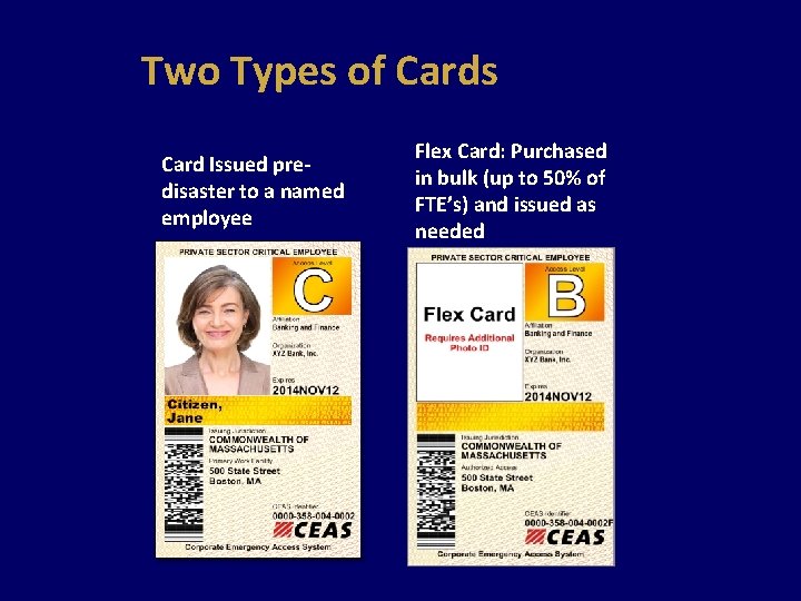 Two Types of Cards Card Issued predisaster to a named employee Flex Card: Purchased