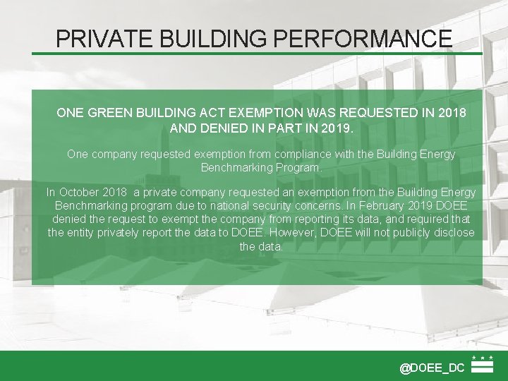 PRIVATE BUILDING PERFORMANCE ONE GREEN BUILDING ACT EXEMPTION WAS REQUESTED IN 2018 AND DENIED