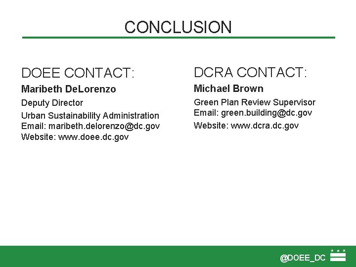 CONCLUSION DOEE CONTACT: DCRA CONTACT: Maribeth De. Lorenzo Michael Brown Deputy Director Urban Sustainability
