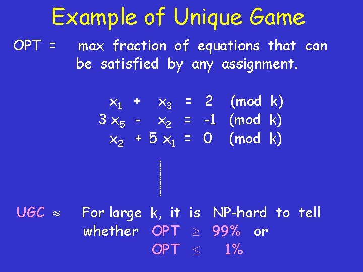 Example of Unique Game OPT = max fraction of equations that can be satisfied