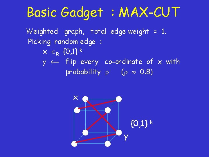 Basic Gadget : MAX-CUT Weighted graph, total edge weight = 1. Picking random edge