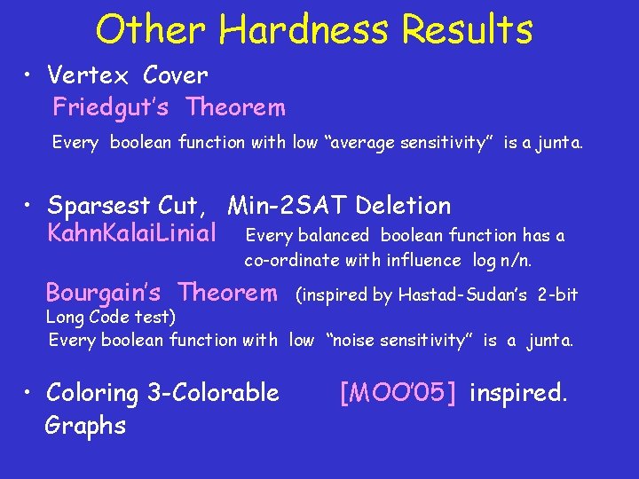 Other Hardness Results • Vertex Cover Friedgut’s Theorem Every boolean function with low “average