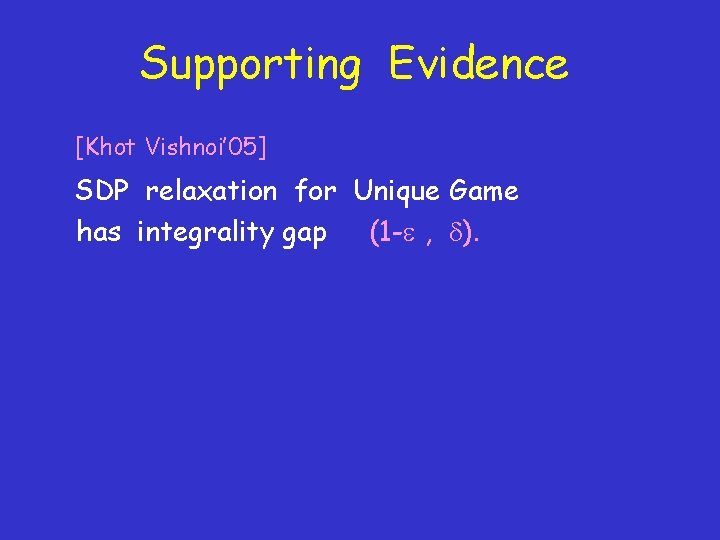 Supporting Evidence [Khot Vishnoi’ 05] SDP relaxation for Unique Game has integrality gap (1