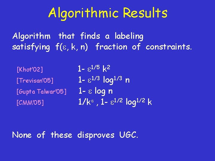 Algorithmic Results Algorithm that finds a labeling satisfying f( , k, n) fraction of