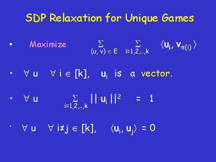 SDP Relaxation for Unique Games • • u • Maximize u (u, v) E