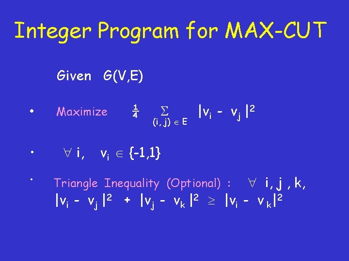 Integer Program for MAX-CUT Given G(V, E) • • • Maximize i, ¼ (i,