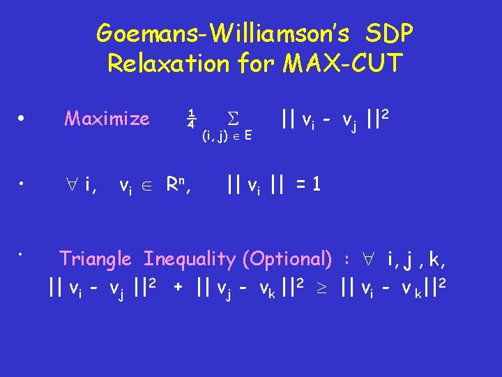 Goemans-Williamson’s SDP Relaxation for MAX-CUT • Maximize • i, • ¼ v i R