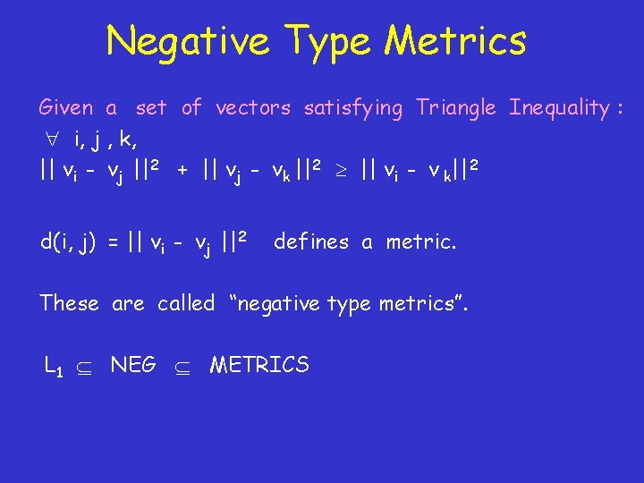 Negative Type Metrics Given a set of vectors satisfying Triangle Inequality : i, j