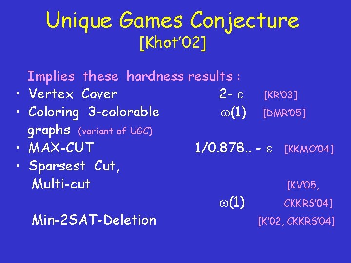 Unique Games Conjecture [Khot’ 02] • • Implies these hardness results : Vertex Cover